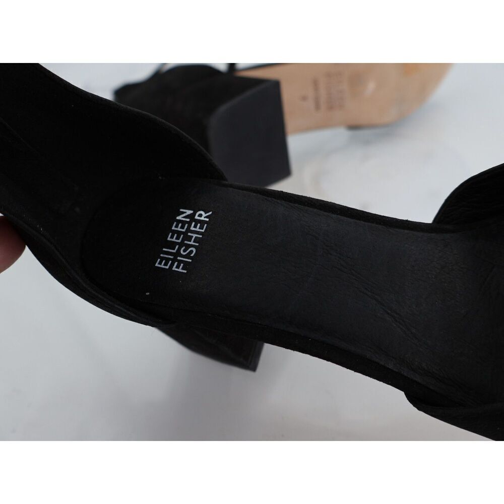 Eileen Fisher Indi Ankle Strap Pumps Suede Black Leather Size 7 Block Heel - Picture 10 of 11